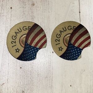 Set of 2 custom made bullet/flag neoprene car coasters.